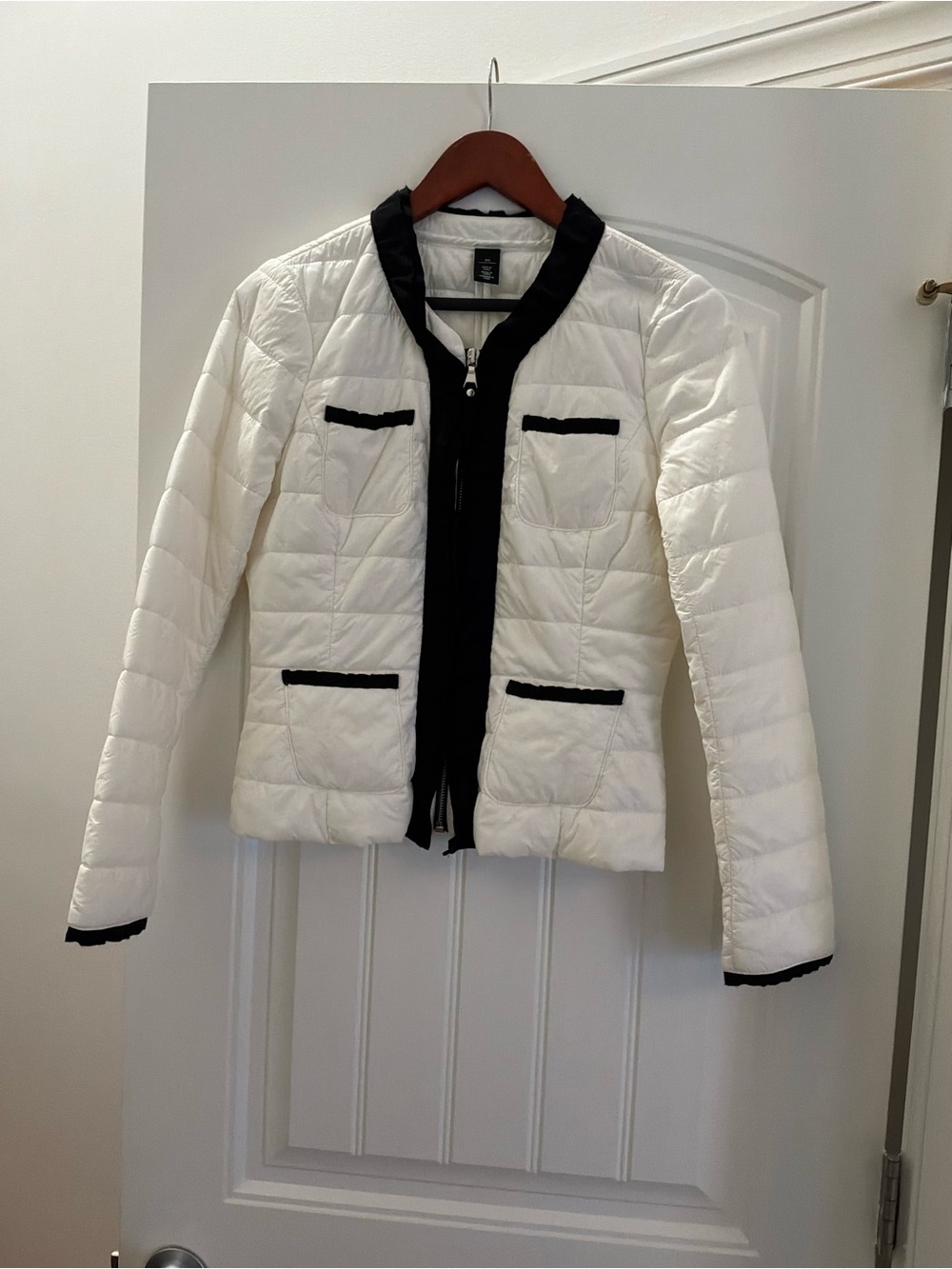 White House Black Market White Quilted Jacket with Black Trim, Size X-Small